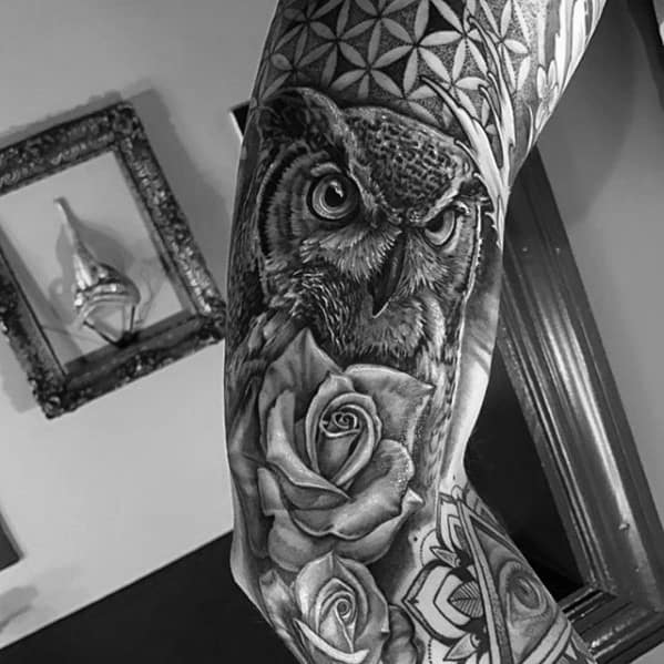 Flower Of Life With Rose Flower And Owl Mens Sleeve Tattoos