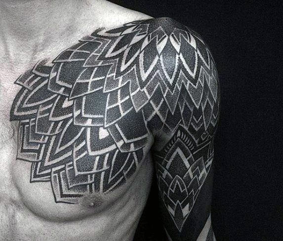 Flower Pattern All Black Chest And Shoulder Tattoos For Guys