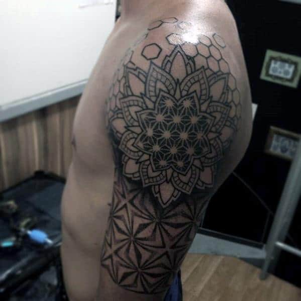 Flower Pattern Geometric Half Sleeve Tattoo Ideas For Males