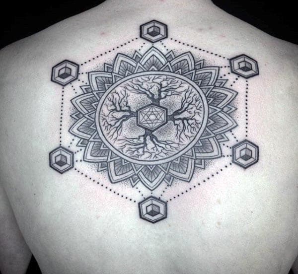 Flower Tree Of Life Mens Geometric Upper Back Tattoos