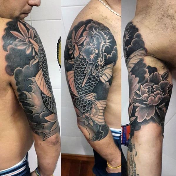 Flower With Koi Dragon Male Half Sleeve Tattoo Ideas