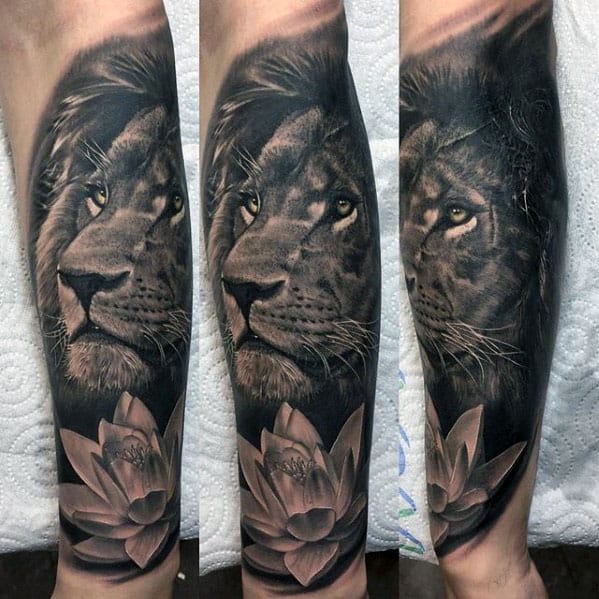 Flower With Lion Guys Realistic Forearm Tattoo Sleeve