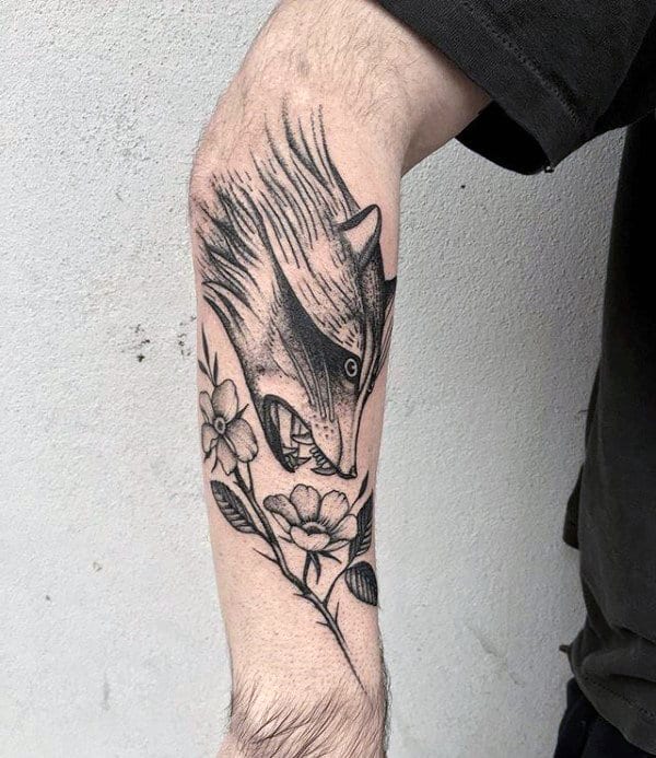 Flower With Raccoonhead Mens Forearm Tattoos