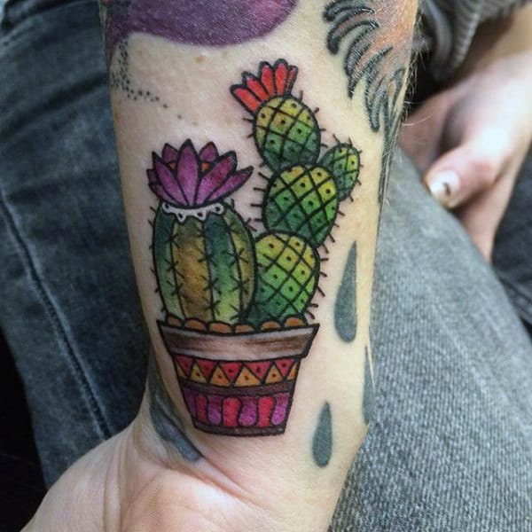 Flowering Cactus Plant In Pot Tattoo For Men On Wrist