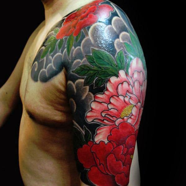 Flowers With Clouds Japanese Half Sleeve And Chest Tattoos For Men