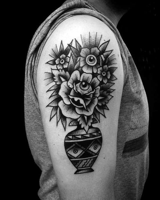 Flowers With Eyes In A Planter Pot Mens Traditional Tattoo On Arm