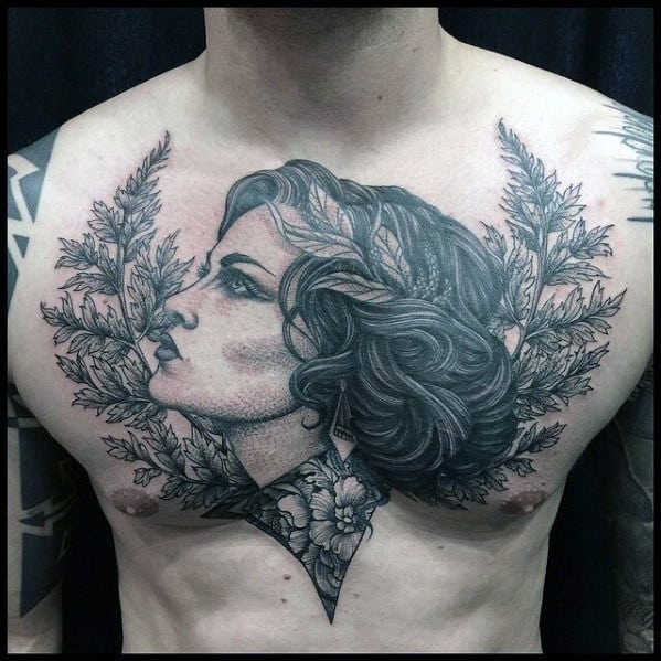 Flowers With Female Portrait Cool Male Chest Tattoo