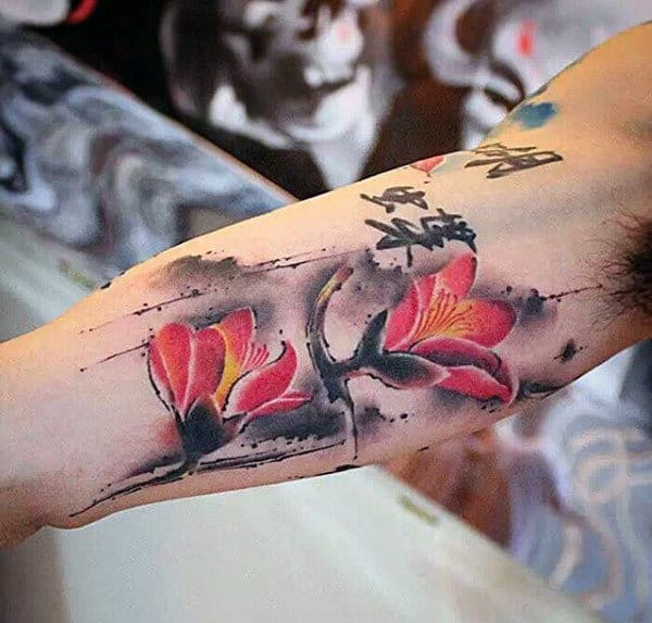 Flowers With Watercolor Background Male Chinese Tattoos On Inner Arm Bicep