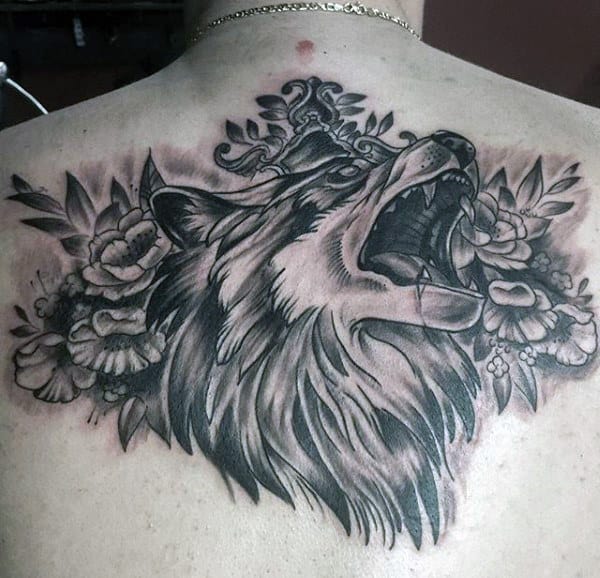 Flowers With Wolf Guys Back Tattoo