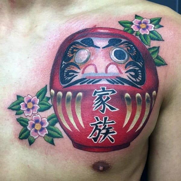 Flowrs With Daruma Doll And Lettering Male Chest Tattoos