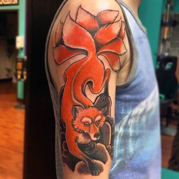 Fluffy Tailed Orange Fox Tattoo Mens Upper Arms