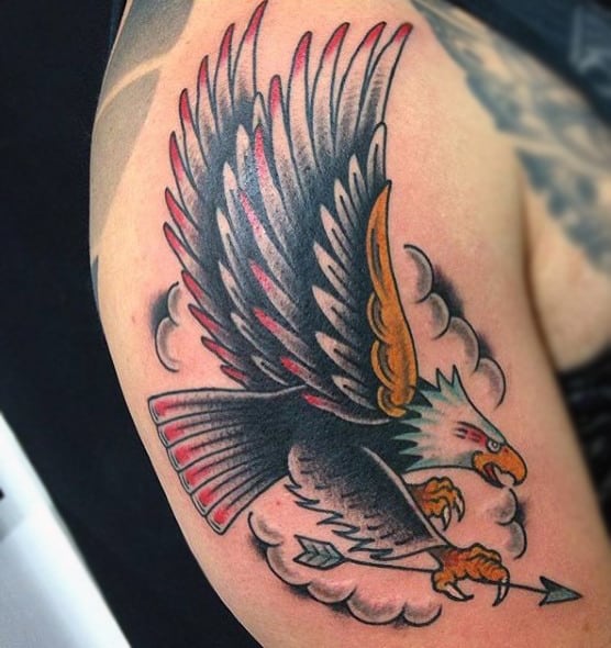 Flying Bald Eagle Tattoo With Arrow Guys Arms