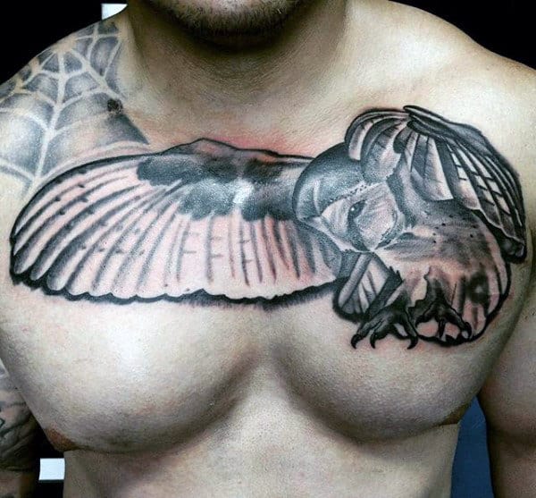 Flying Barn Owl Tattoo For Men On Chest
