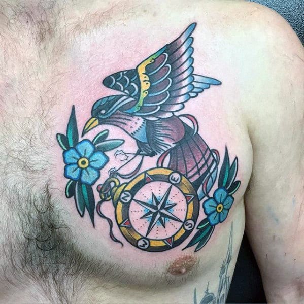 Flying Bird With Compass Traditional Guys Upper Chest Tattoos