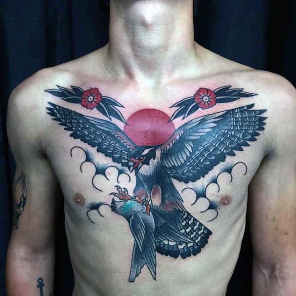 Flying Bird With Red Sun Guys Traditional Tattoo On Chest