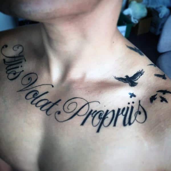 Flying Birds And Lettering Guys Collar Bone Tattoos