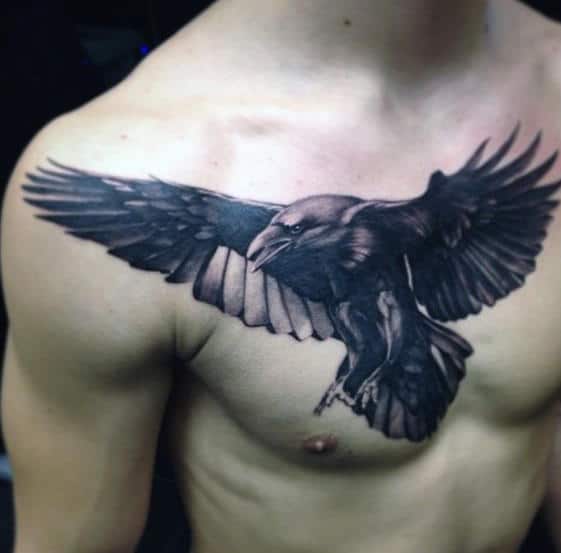 Flying Black Bird Mens Badass 3d Realistic Chest Tattoo