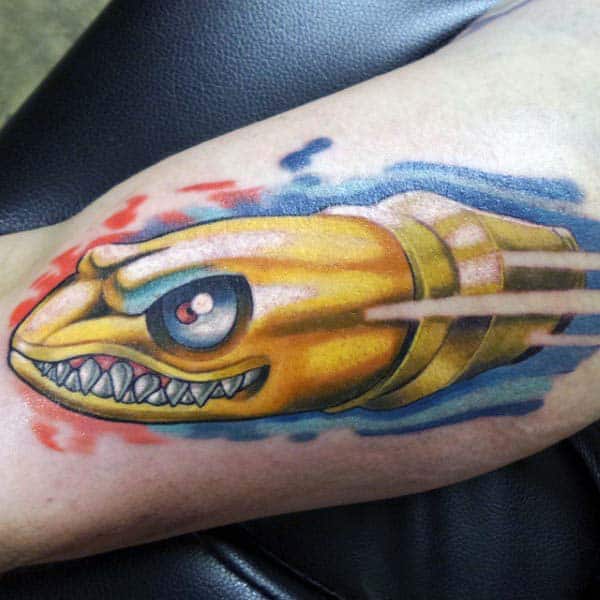 Flying Bullet Cartoon Style Mens Tattoo Designs On Arm