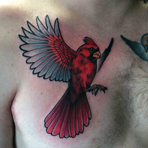 Red And Black Flying Cardinal Tattoo On Right Back Shoulder