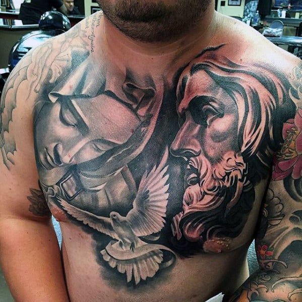Flying Dove Jesus With Mother Mary Male Chest Tattoos