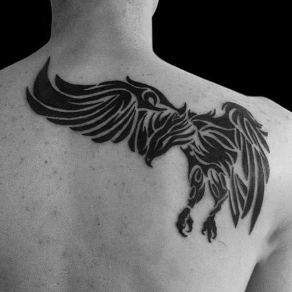 Flying Eagle Tribal Bird Mens Back Of Shoulder Tattoo Ideas