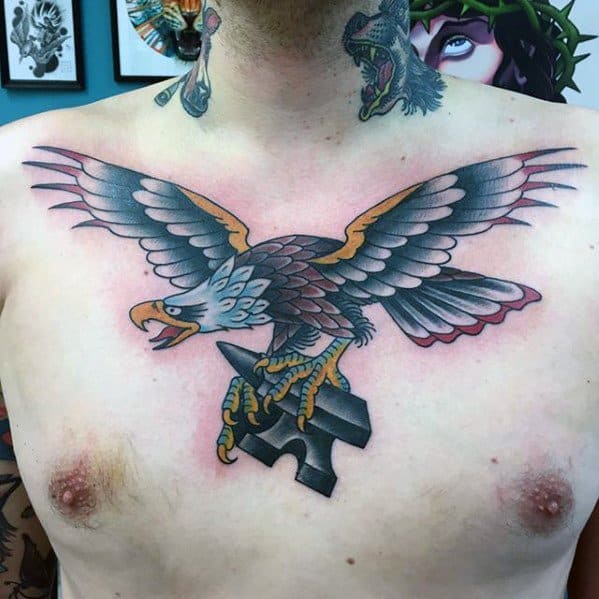 Flying Eagle With Anvil Guys Chest Tattoos