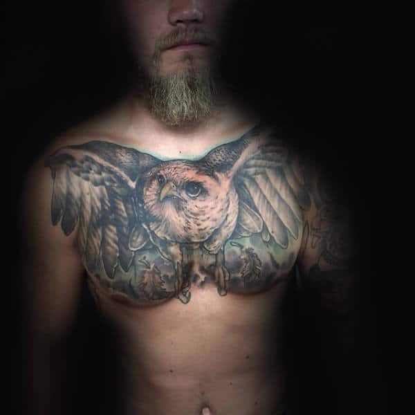 Flying Falcon Upper Chest Tattoo On Gentleman