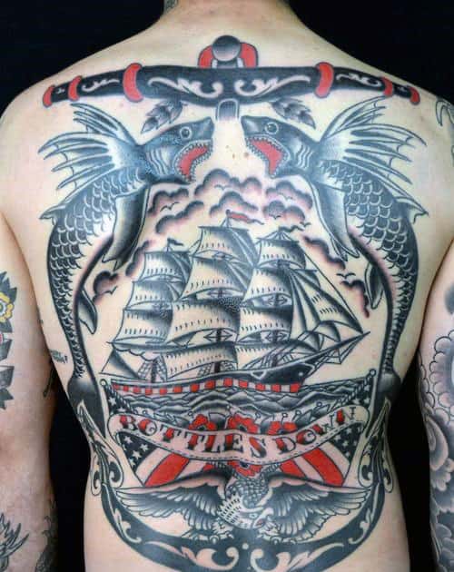 Flying Fish With Ship Traditional Male Tattoo On Back