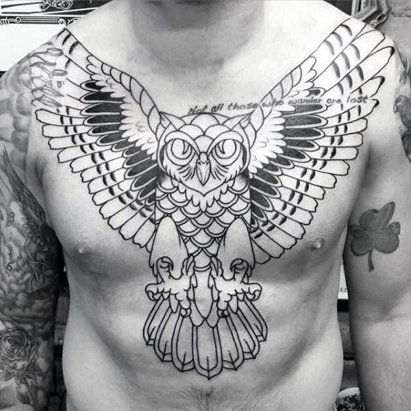 Flying Owl With Wings Spread Guys Traditional Chest Tattoos