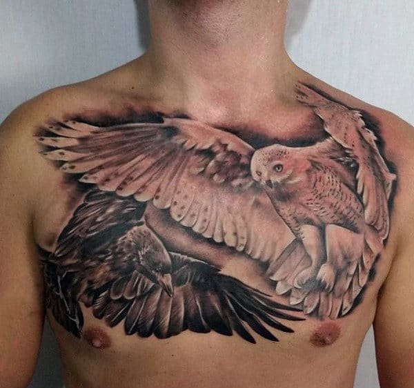 Flying Owls Animal Chest Tattoos On Men