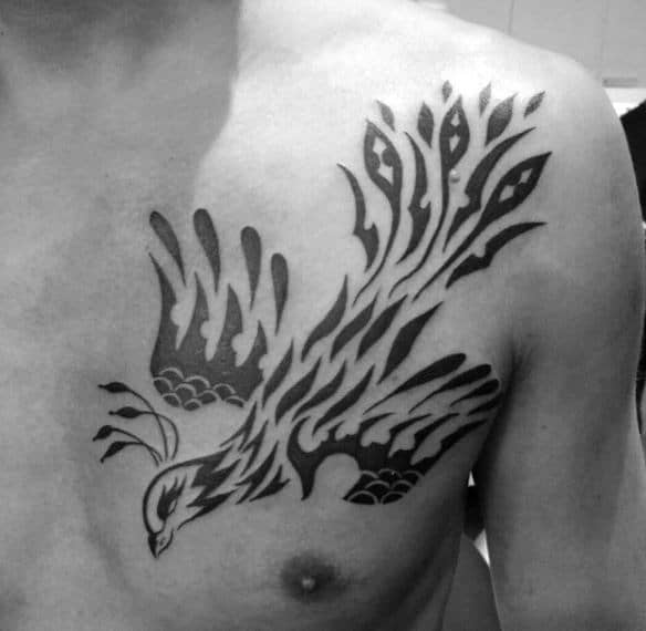 Flying Phoenix Mens Tribal Upper Chest Tattoo
