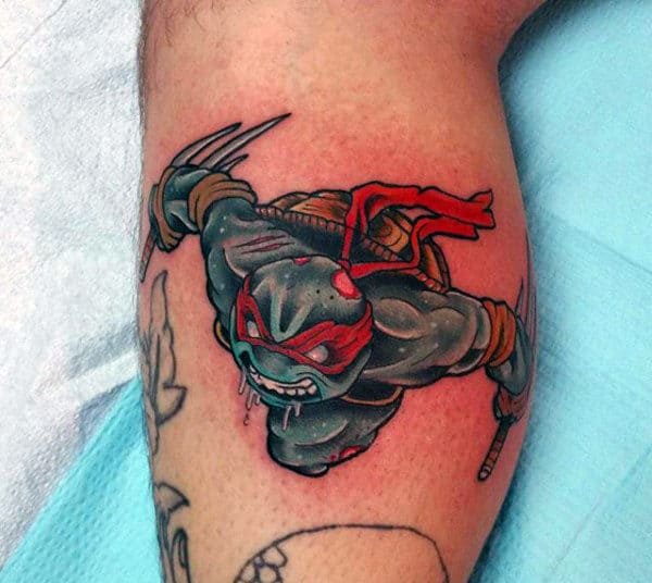 Flying Raphael Teenage Mutant Ninja Turtle Guys Leg Calf Tattoo