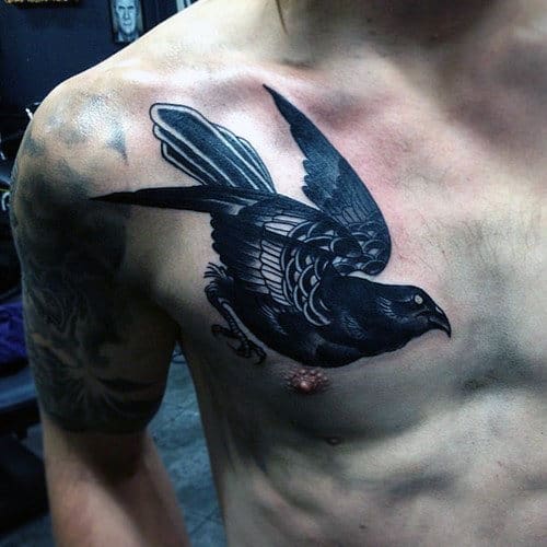 Flying Traditional Black Crow Upper Chest Tattoo Ideas For Men