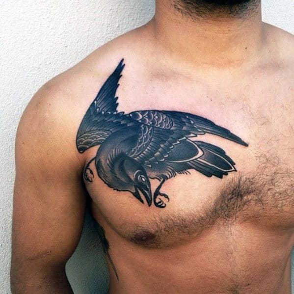 Flying Traditional Crow Guys Manly Upper Chest Tattoos