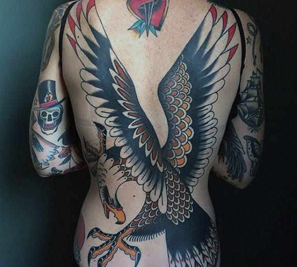 Flying Traditional Eagle Male Back Tattoos