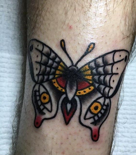 Flying Traditional Moth With Eyes Mens Leg Tattoo