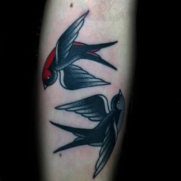 Flying Two Sparrow Birds Guys Traditional Inner Forearm Tattoo Ideas