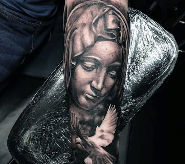 Flying White Dove With Virgin Mary Guys Forearm Sleeves Tattoo