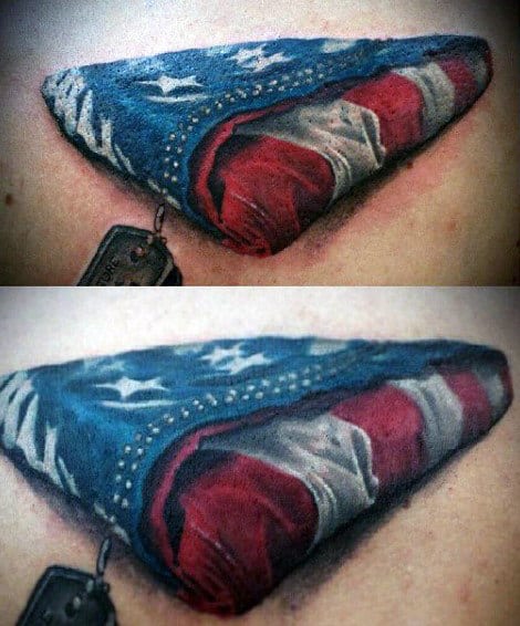 Folded American Flag Fallen Soldier Mens 3d Realistic Back Tattoo