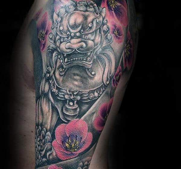 Foo Dog With Flowers Mens Half Sleeve Tattoo