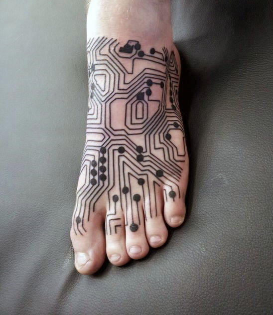 Foot Circuit Board Black Ink Male Tattoos