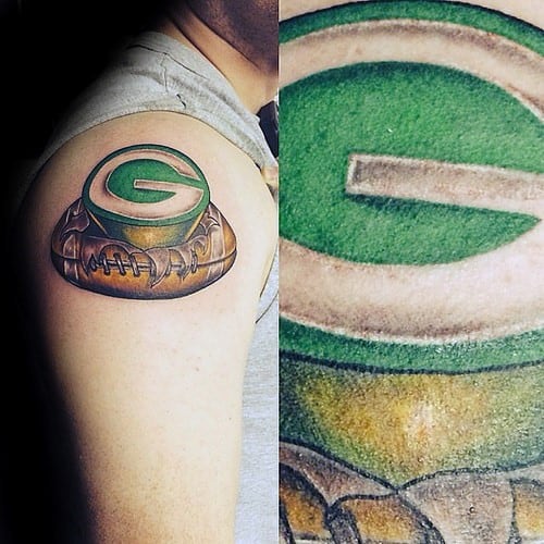 Football With Green Bay Packers Logo Mens Upper Arm Tattoos