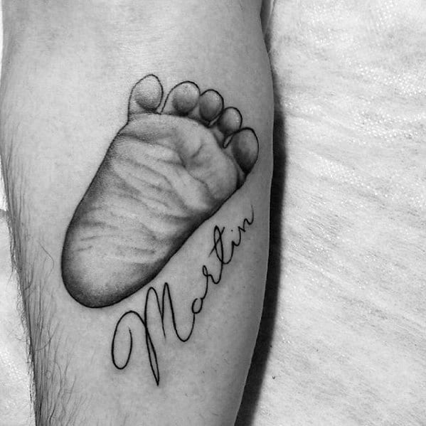 footprint with kids name guys inner forearm tattoo inspiration