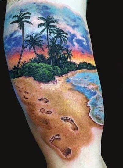 Footprints In The Sand Tropical Beach Tattoo For Men On Upper Arm