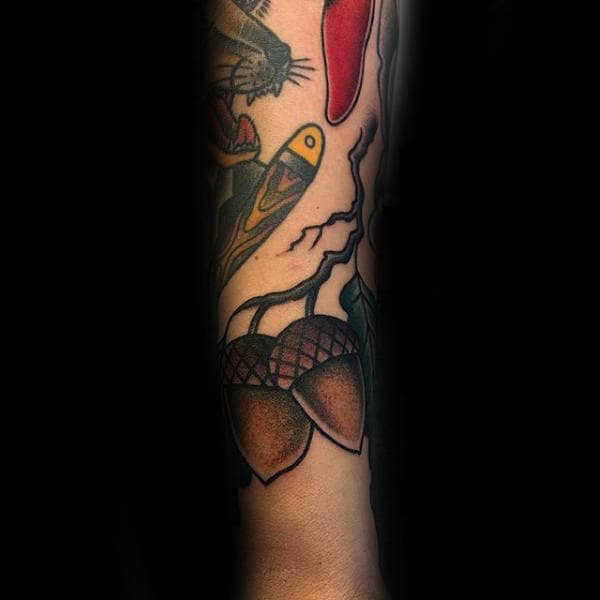 Forearm Acorn With Shaded Brown Ink Tattoo For Guys