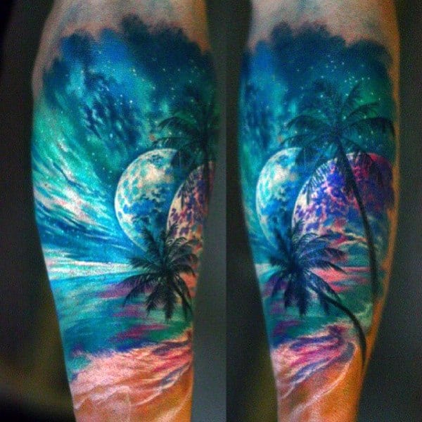 Forearm Beach Palm Tree Sunset Tattoo For Guys