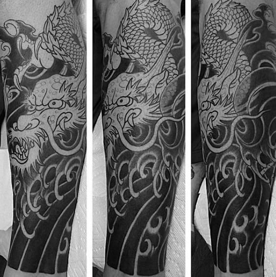 Forearm Black Ink Japanese Dragon Waves Mens Tattoos