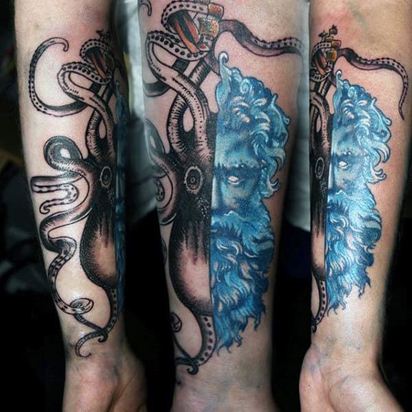 Forearm Blue Octopus Tattoo Men