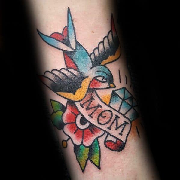 forearm-creative-traditional-mom-with-sparrow-and-diamond-tattoos-for-men