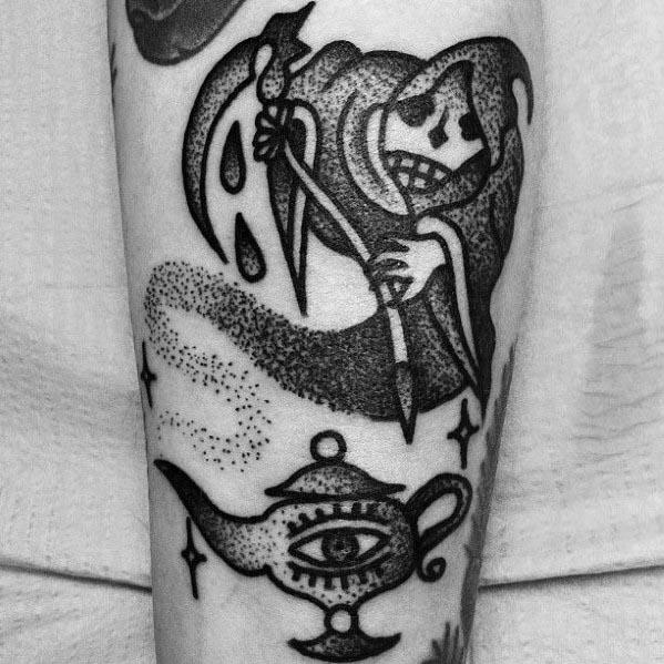 Forearm Dotwork Grim Reaper With Genie Lamp Mens Tattoo Designs
